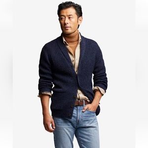 LINE OF TRADE Men's 100% Shetland Wool Shawl Sweater Blue Cardigan size Large